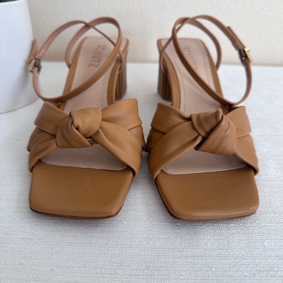 New Schutz Mindy Caramel Leather Knot Ankle Strap Bamboo Heel Sandals Women’s 6B - Picture 5 of 15